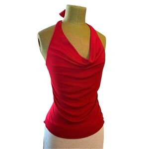 Red halter top with cowl neckline
